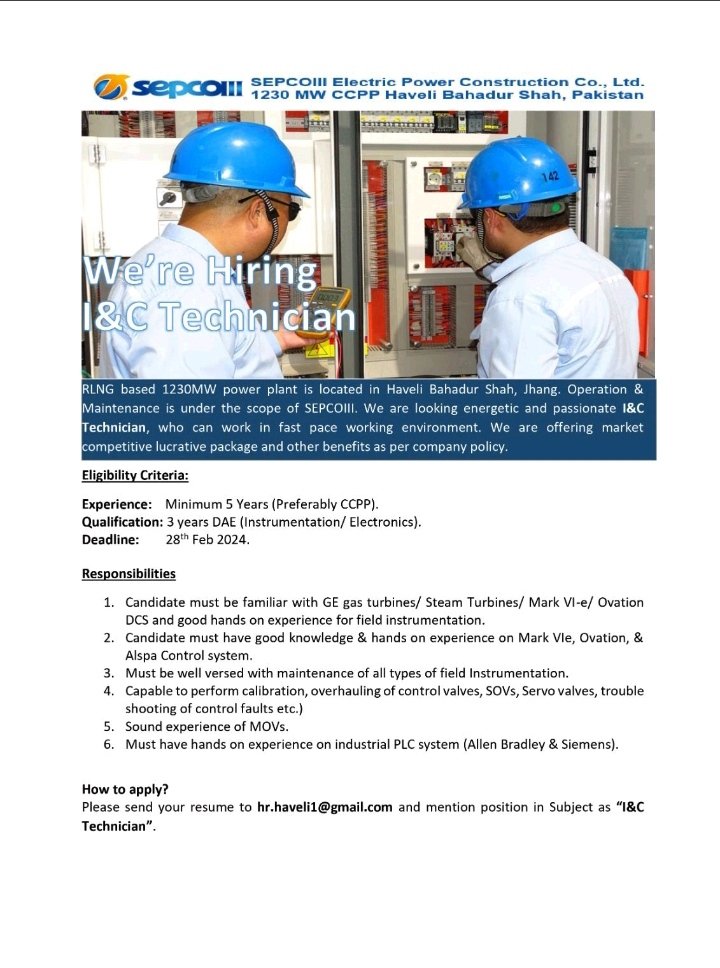 Image featuring SEPCOIII recruitment poster for I&C Technicians at a RLNG-based 1230MW Power Plant.