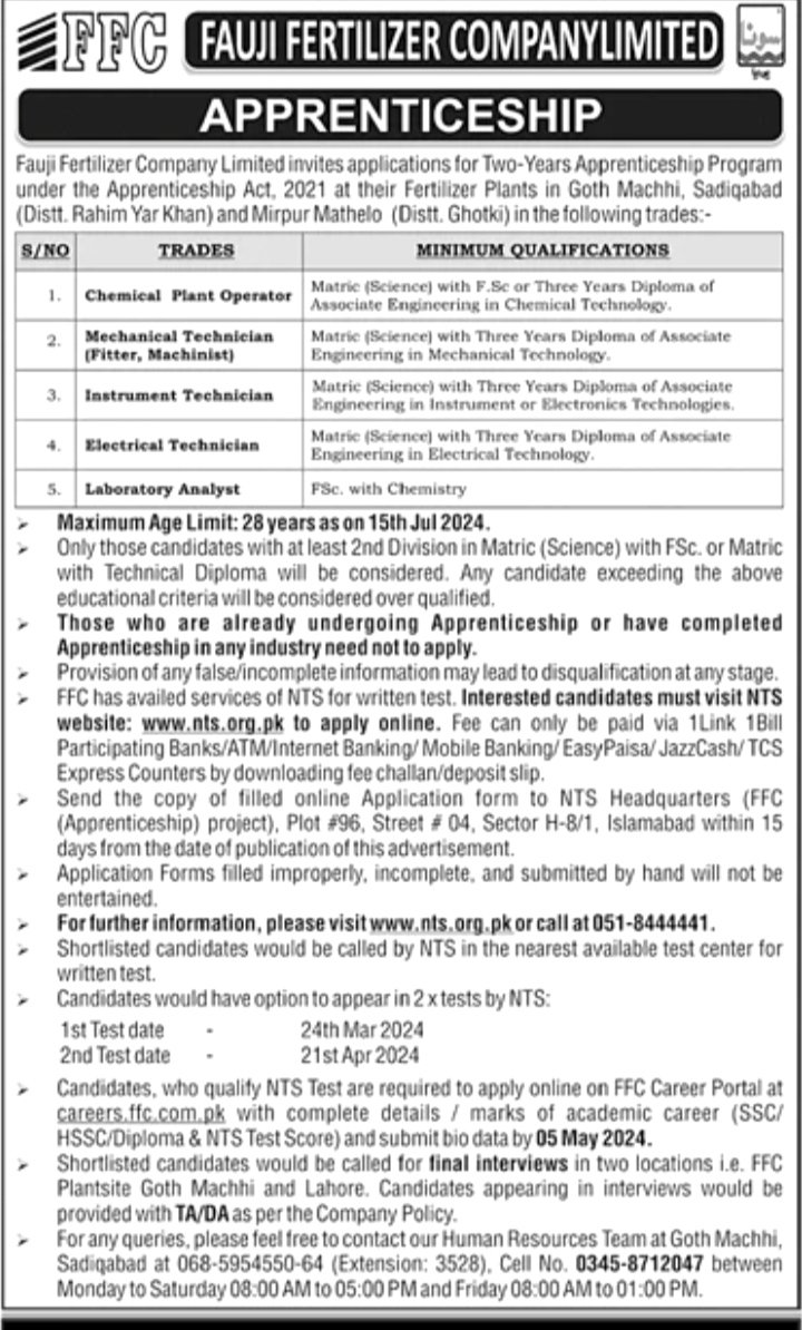 diverse group of apprentices in Fauji Fertilizer Company Limited, engaged in hands-on training in various trades such as Chemical Plant Operation, Mechanical Technology, Instrument Technology, Electrical Technology, and Laboratory Analysis