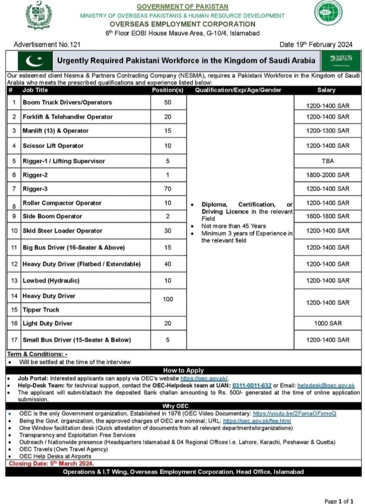 Overseas Employment Opportunities with Nesma & Partners in Saudi Arabia