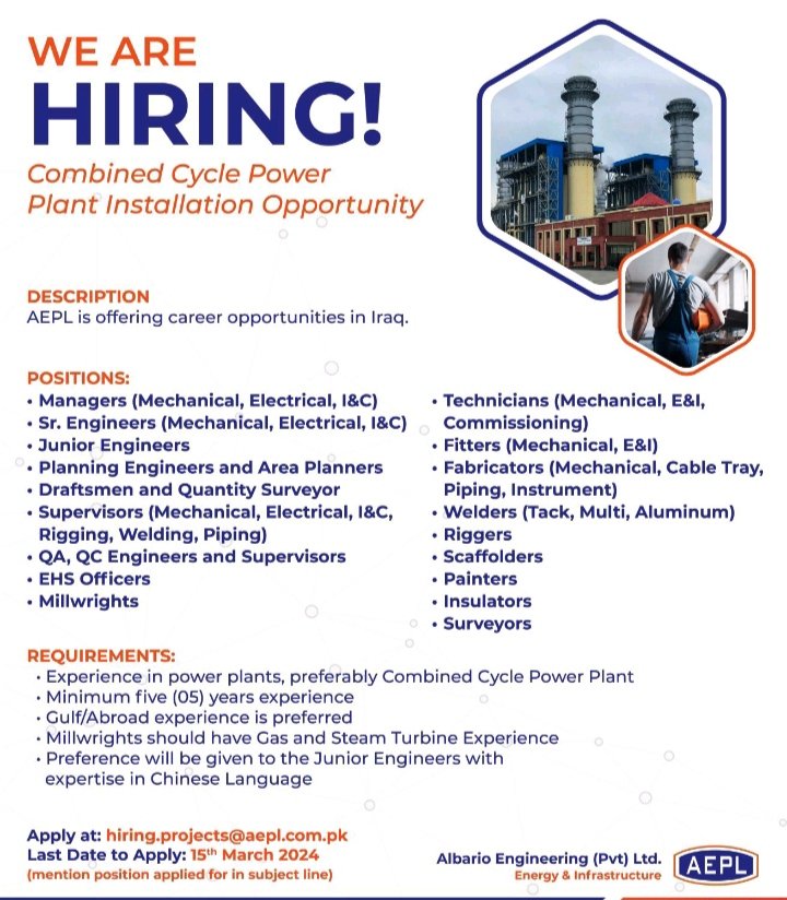 "Explore Career Opportunities at AEPL Iraq Power Plant Installation 2024"