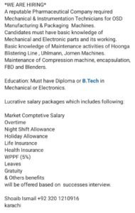 Technicians Wanted for Pharmaceutical Machinery Maintenance"