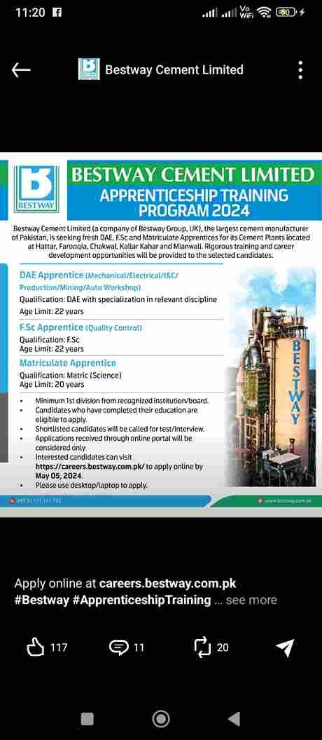  Bestway Cement Limited Apprenticeship Program 2024 - Apply Now