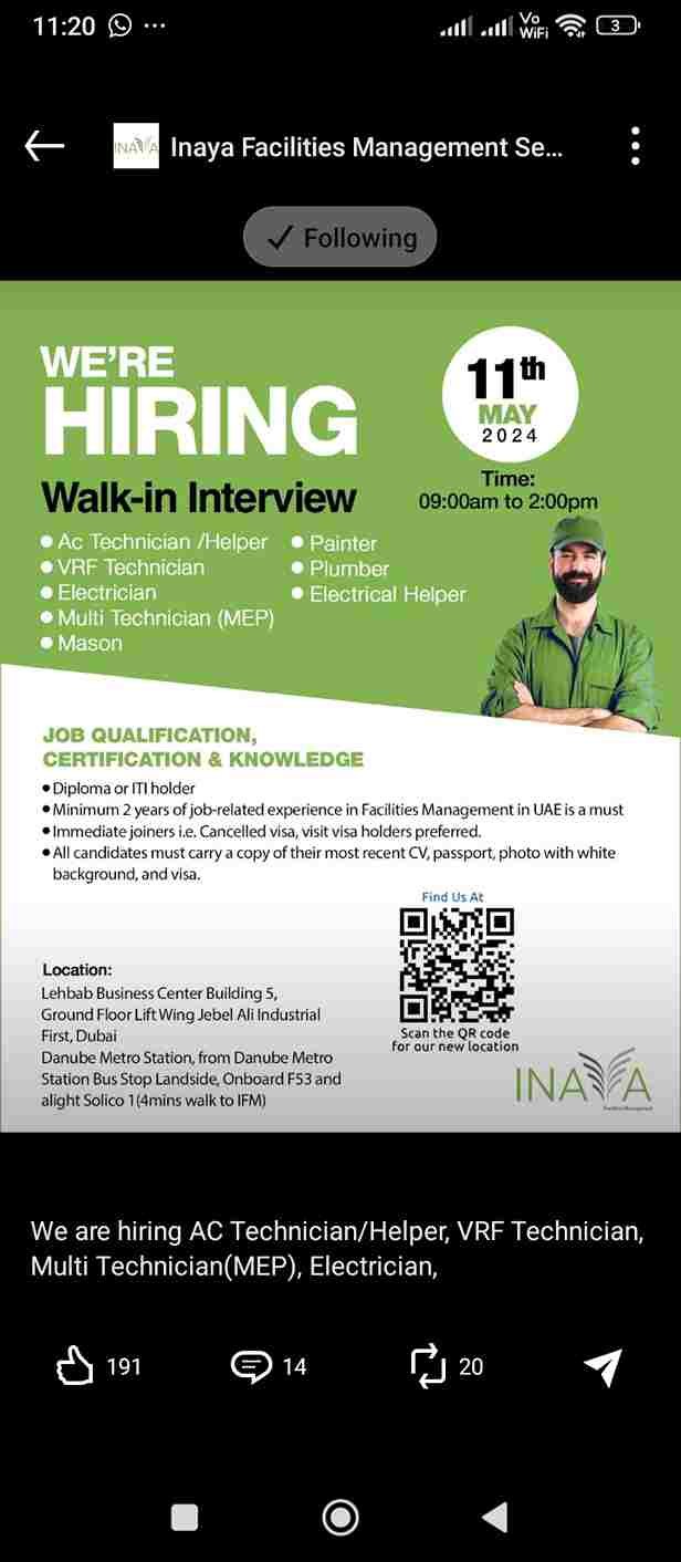 Dubai Job vacancies - Walk-in Interview for AC Technician, Electrician, and More.