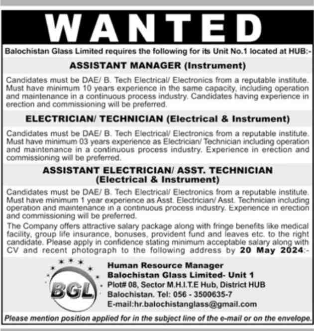 Join the Team at Balochistan Glass Limited - Hiring Experienced Electrical and Instrumentation Staff