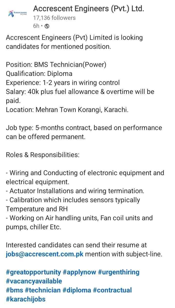 Accrescent Engineers BMS Technician job vacancy announcement with position details and application instructions.