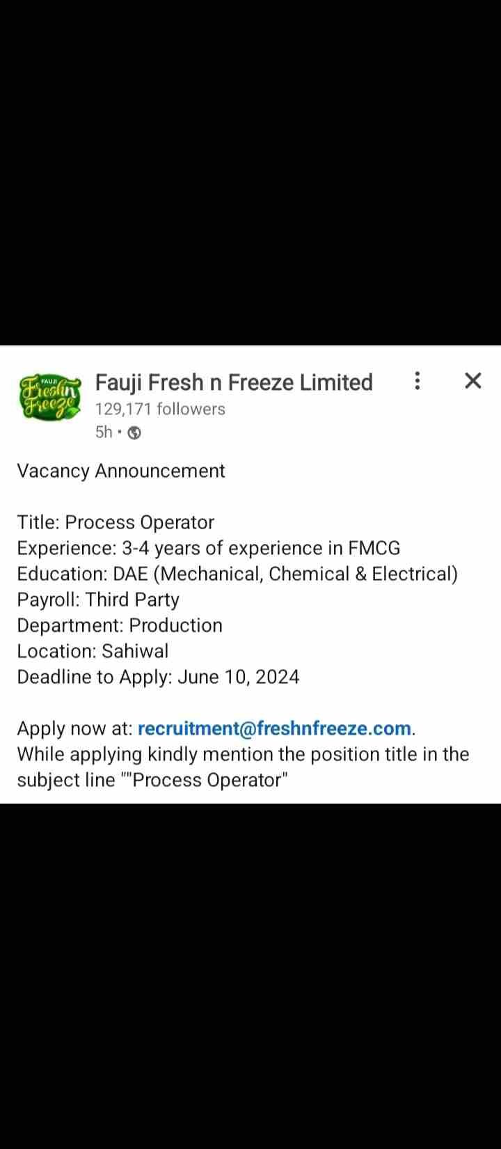 Join Our Team as a Process Operator - Fauji Fresh n Freeze Hiring
