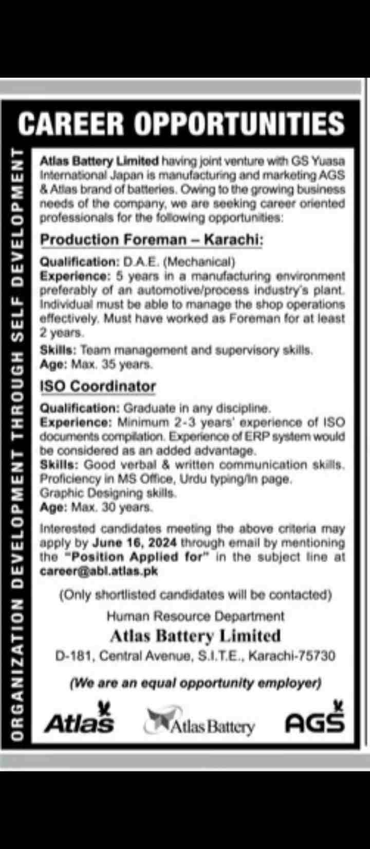 Atlas Battery Limited job openings announcement, featuring positions in production and ISO coordination