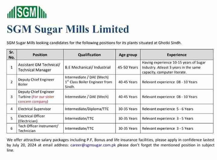 Advance Your Career with SGM Sugar Mills limited: Various Positions Open