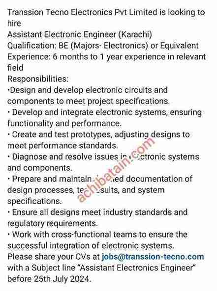 Karachi-Based Assistant Engineer Electronic Wanted | Transsion Tecno Jobs