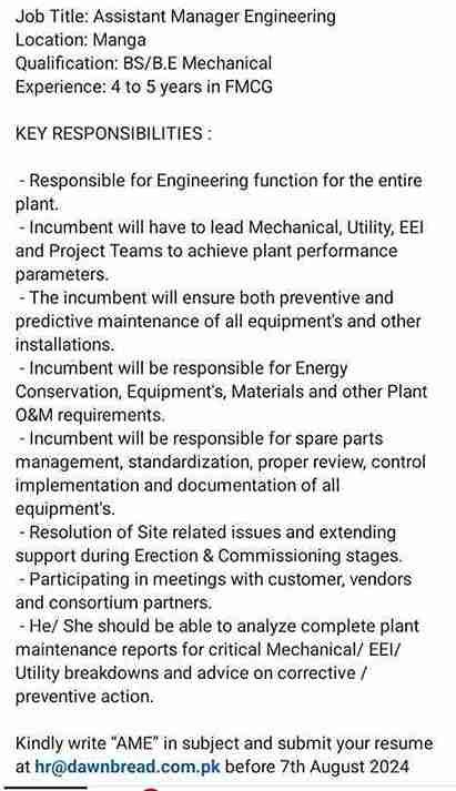 Assistant Manager Engineering at Dawn Breads - Oversee plant engineering functions, lead teams, manage maintenance, and ensure equipment performance in Manga. Apply now!