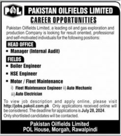 Pakistan Oilfields Limited job vacancies announcement, including positions for Manager (Internal Audit), Boiler Engineer, HSE Engineer, Fleet Maintenance Engineer, Auto Mechanic, and Auto Electrician. Apply online by July 28, 2024