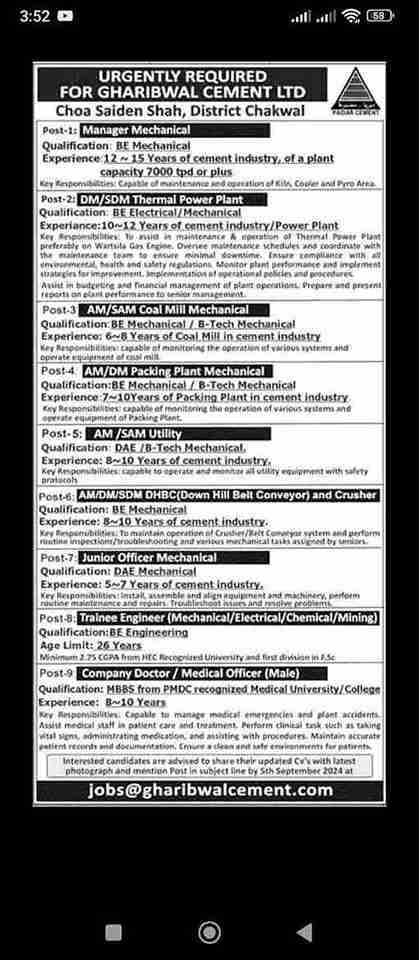 Gharibwal Cement Ltd job vacancies banner with various positions listed for 2024.