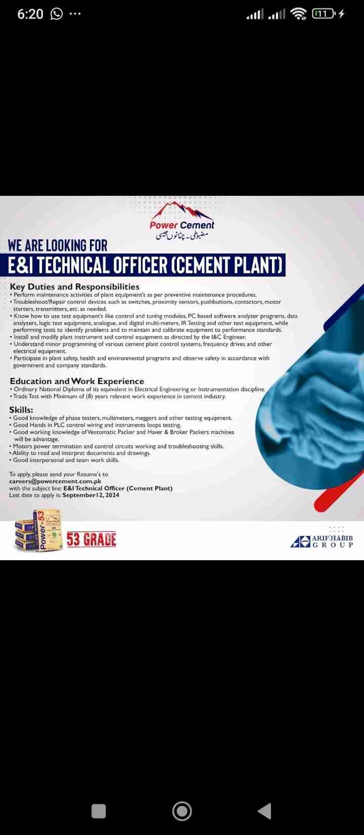 Join Power Cement as an E&I Technical Officer (Cement Plant) - Apply Today