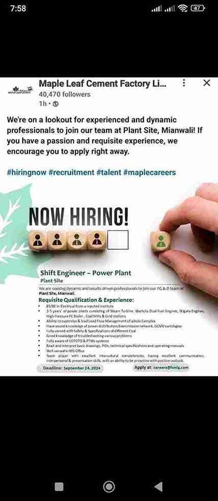 Maple Leaf Cement Jobs: Now Hiring Shift Engineer for Power Plant in Mianwali