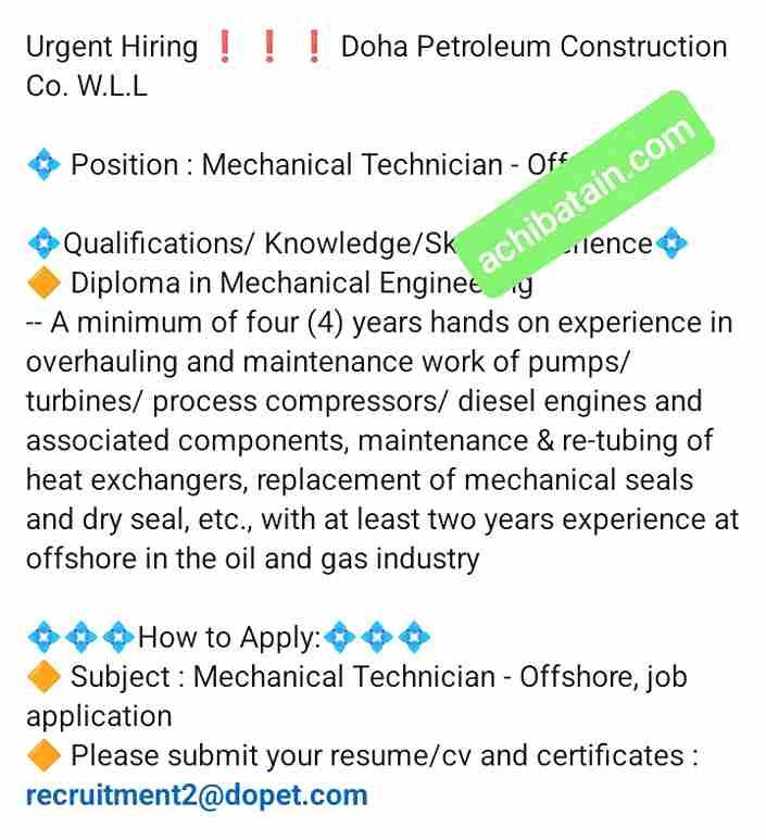 Join Doha Petroleum Construction as a Mechanical Technician - Offshore