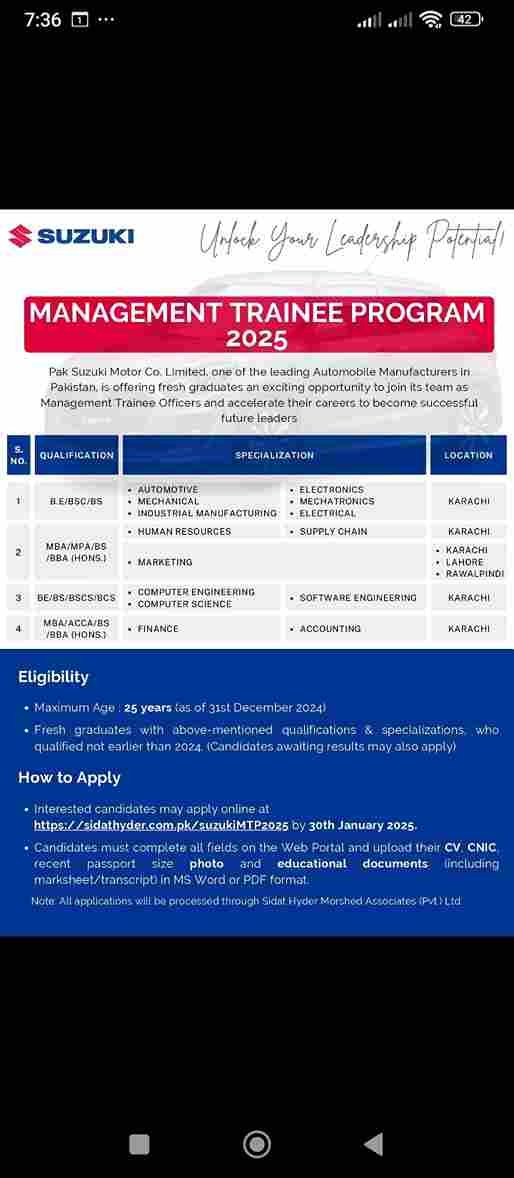 Join Pak Suzuki's Management Trainee Program 2025 .Become a Leader in the Automotive Industry
