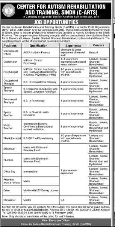 Job Opportunities at Autism Rehabilitation and Training C-ARTS Sindh